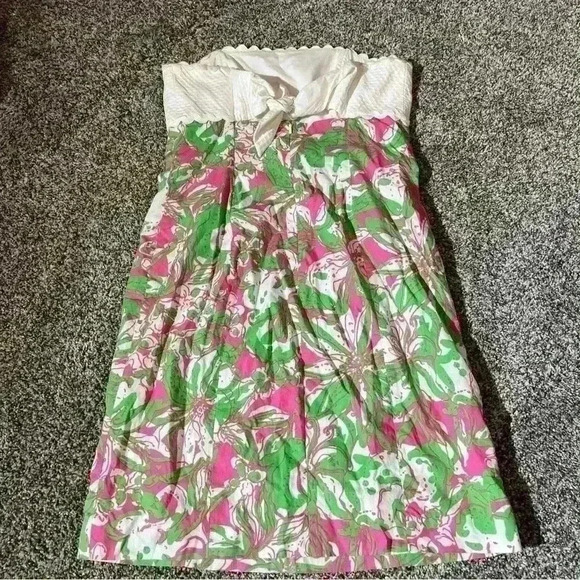 Lilly Pulitzer Strapless Dress Size 4 Tie Back Floral White Green Pink - Picture 7 of 11